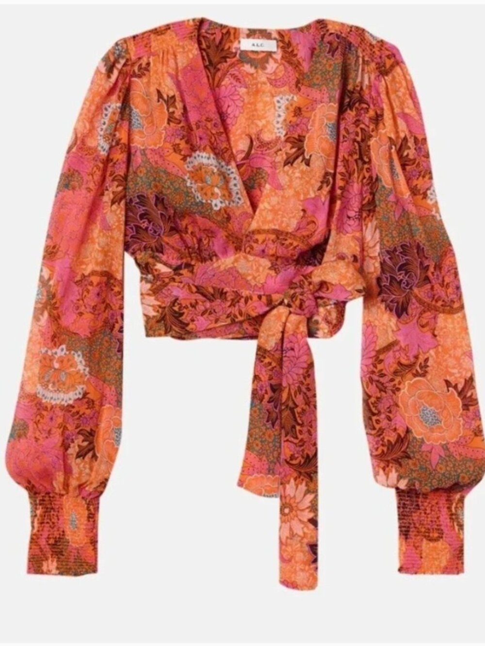 A.L.C. Samara Silk Wrap Top Pink Orange Multi Size 6 Retail $395